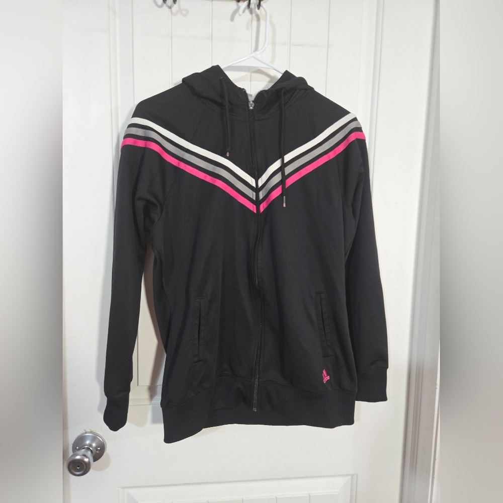 Adidas Women’s Black Zip Up Hoodie Jacket Pink Striped Size M